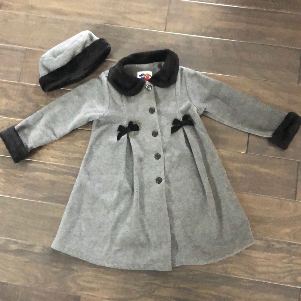 Girls grey coat black faux fur trim & matching hat